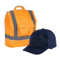 High-visibility safety backpack and navy cap, ideal for outdoor workers. Features reflective strips for enhanced visibility in low light conditions. png