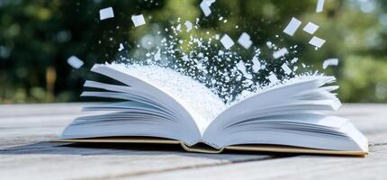 An open book with paper falling out of it photo