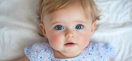 A baby with blue eyes laying on a bed photo