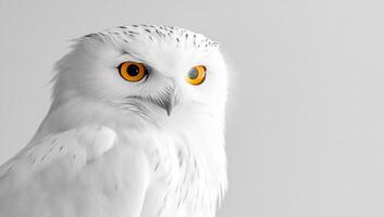 A white owl with orange eyes is standing in front of a gray background photo