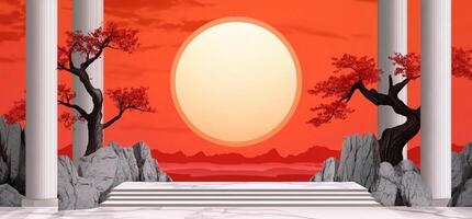 An image of a red sky with pillars and trees photo