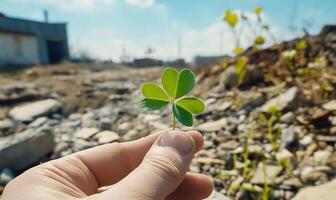 A person holding a four leaf clover in front of a building photo