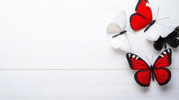 Red and white butterflies on a white wooden background photo