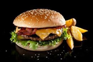 A hamburger with bacon, lettuce and cheese on a black background photo