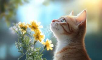 A cat is looking up at a flower photo
