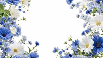 Blue and white flowers are arranged in a frame photo