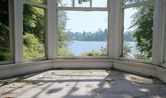 A window with a view of a lake and trees photo