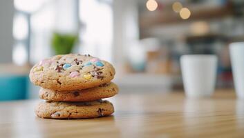 A stack of cookies on a table in front of a coffee cup photo