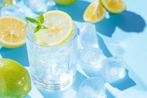 A glass of water with lemon slices and ice cubes photo