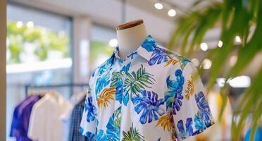A shirt with tropical print on it is displayed in a store photo