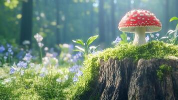 A vibrant red mushroom surrounded by flowers in a lush forest setting. photo