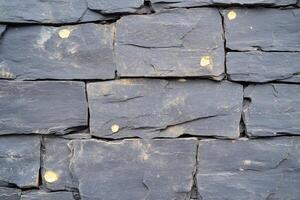 A close-up view of a textured stone wall with slate pieces. photo
