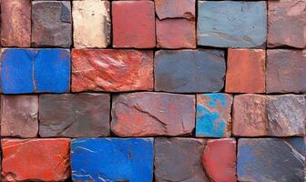 A textured arrangement of colorful bricks creating a patterned surface. photo