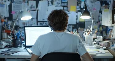 A person working at a desk surrounded by papers and a computer. photo