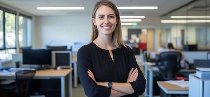 A confident woman stands in an office with a professional demeanor. photo