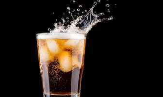 A glass of carbonated beverage with ice, splashing against a dark background. photo