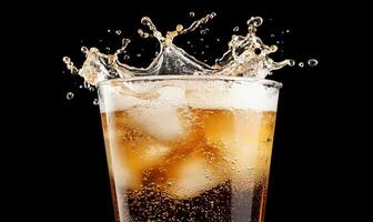 A refreshing drink splashing with ice in a glass against a dark background. photo