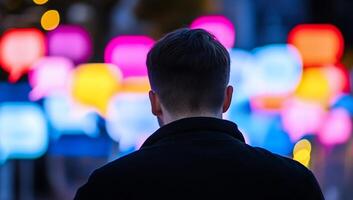 A person stands before a colorful display of speech bubbles at night. photo