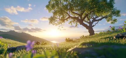 A serene landscape featuring a tree at sunset with flowers. photo