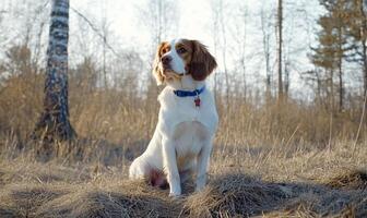 A dog sits in a grassy area, surrounded by trees in a serene setting. photo