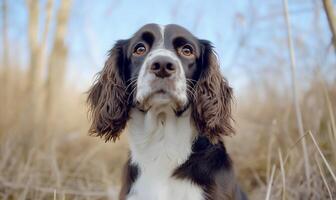 A dog sitting in tall grass photo