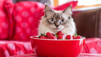 A cat sitting in a bowl of strawberries, creating a playful scene. photo
