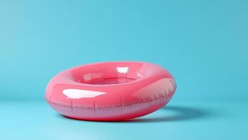 A pink inflatable pool float on a blue background. photo