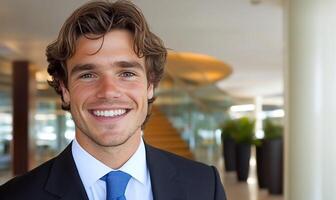 A smiling man in a suit stands in a modern office setting. photo