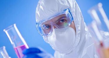 Scientist in protective gear conducting experiments with test tubes. photo