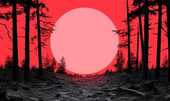 A surreal forest scene with a large pink sun against a red sky. photo