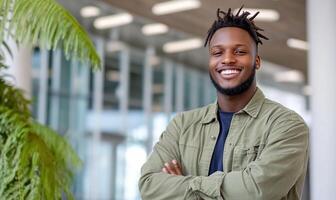 A smiling man stands confidently with arms crossed in a modern setting. photo