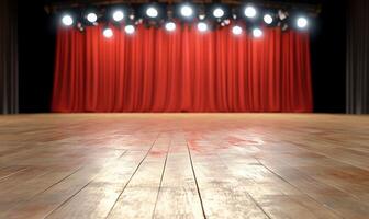 A stage with bright lights and red curtains, ready for a performance. photo