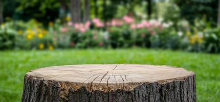 A tree stump in a garden setting with colorful flowers in the background. photo