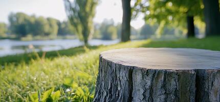 A serene view of a tree stump by a tranquil lakeside. photo
