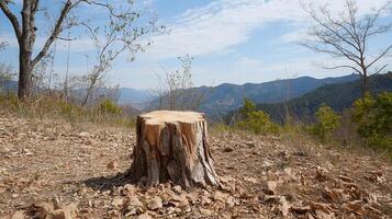 A tree stump in a mountainous landscape under a clear sky. photo
