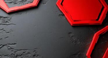 Abstract red hexagonal shapes on a textured dark background. photo