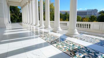 A view of a building with columns and a tiled floor photo