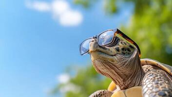 A turtle wearing sunglasses on its head photo