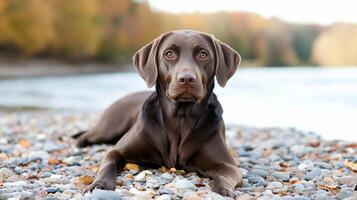 A brown dog lying on a rocky shore by a river in autumn. photo