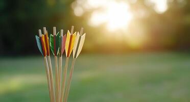 A close-up of colorful arrows against a blurred sunset background. photo