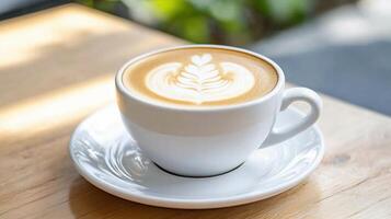 A beautifully crafted latte with intricate foam art in a white cup. photo