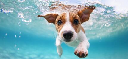 A playful puppy swimming underwater in a clear blue pool. photo
