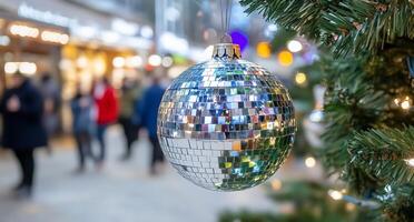 A festive disco ball ornament hanging from a Christmas tree. photo