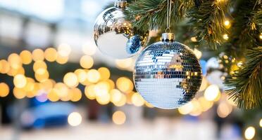 A close-up of a Christmas tree ornament with soft bokeh lights. photo