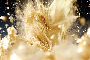 A dynamic splash of golden particles creating an abstract visual effect. photo