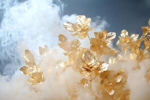 Golden foliage emerging from soft clouds, creating an ethereal atmosphere. photo