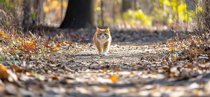 A cat walking along a leaf-covered path in a serene outdoor setting. photo