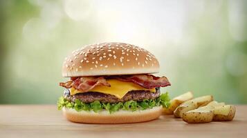 A delicious hamburger with bacon, cheese, and lettuce, accompanied by fries. photo