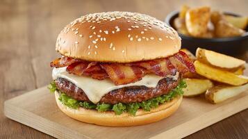A delicious burger topped with bacon and served with potato wedges. photo