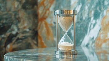 An hourglass on a marble table, symbolizing the passage of time. photo